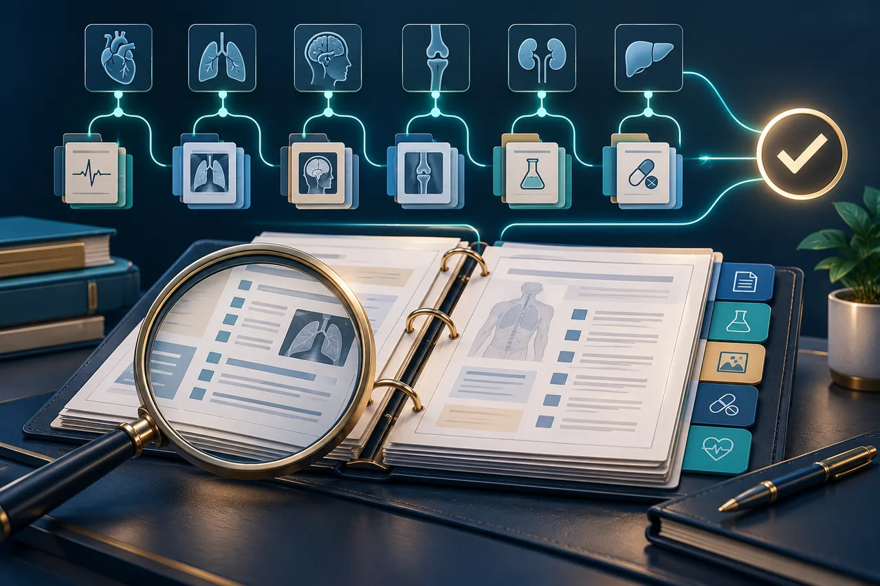 A clinical binder linked to diagnosis documentation evidence and review checkpoints