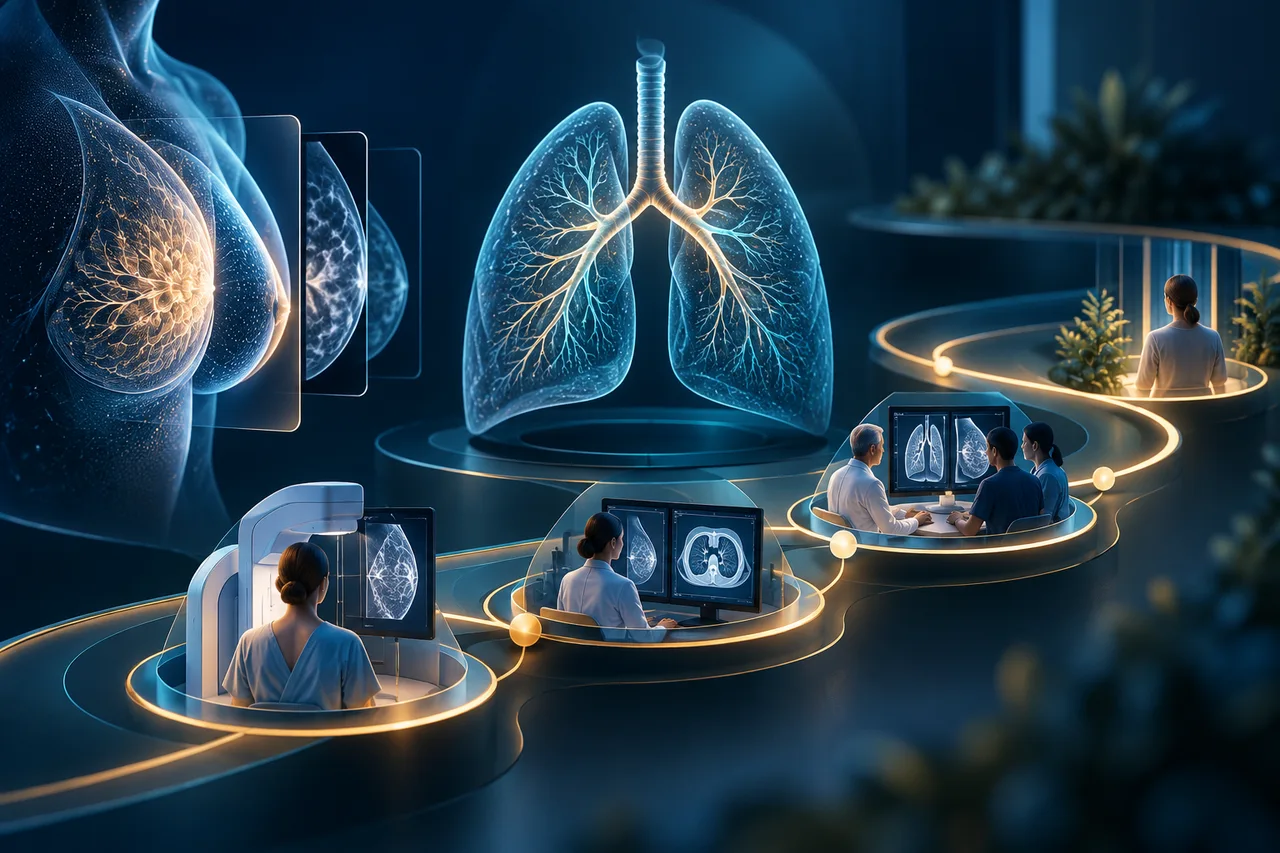 Lung and breast screening imagery connected to care-review waypoints